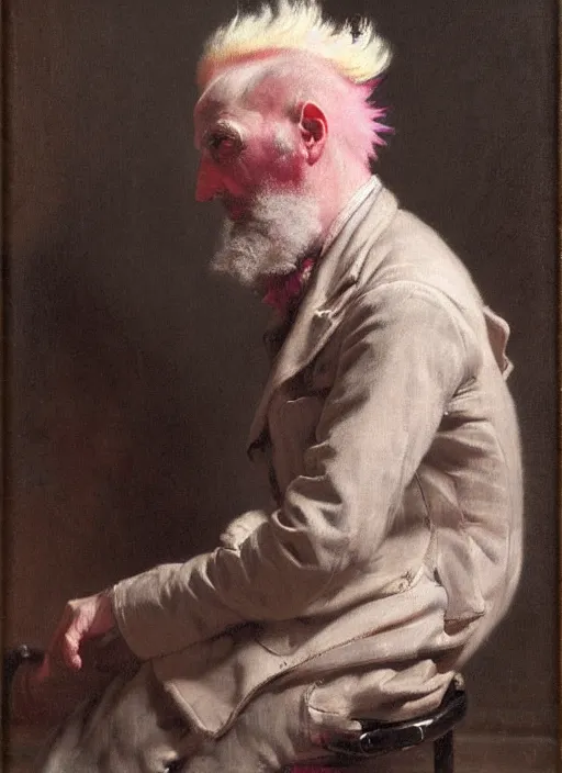 Prompt: a portrait of old man with a long pink mohawk by edouard bisson, punk rock, oil painting, muted colours, soft lighting