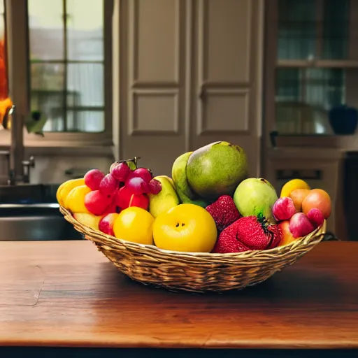 Prompt: a fruit basket on top of a kitchen table, golden hour