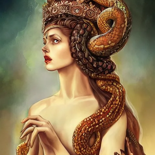 Prompt: realistic mythological greek medusa with snakes on the head full body, dressed in a queen's dress, by anna dittmann
