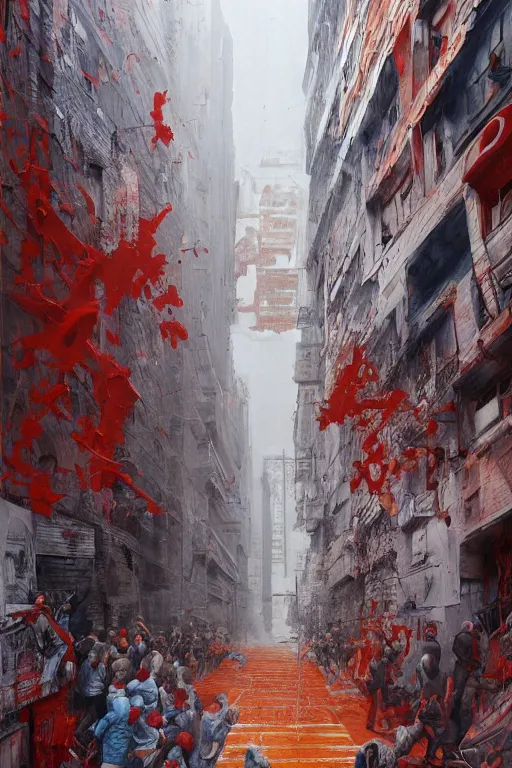 Prompt: Oil painting of people in a city looking at a white building covered with a red and orange 3d graffiti mural with paint dripping down to the floor, intricate, highly detailed, smooth, artstation, painting by moebius and james jean and Artgerm and yoshitaka Amano and Greg Rutkowski and Zdislav Beksinski