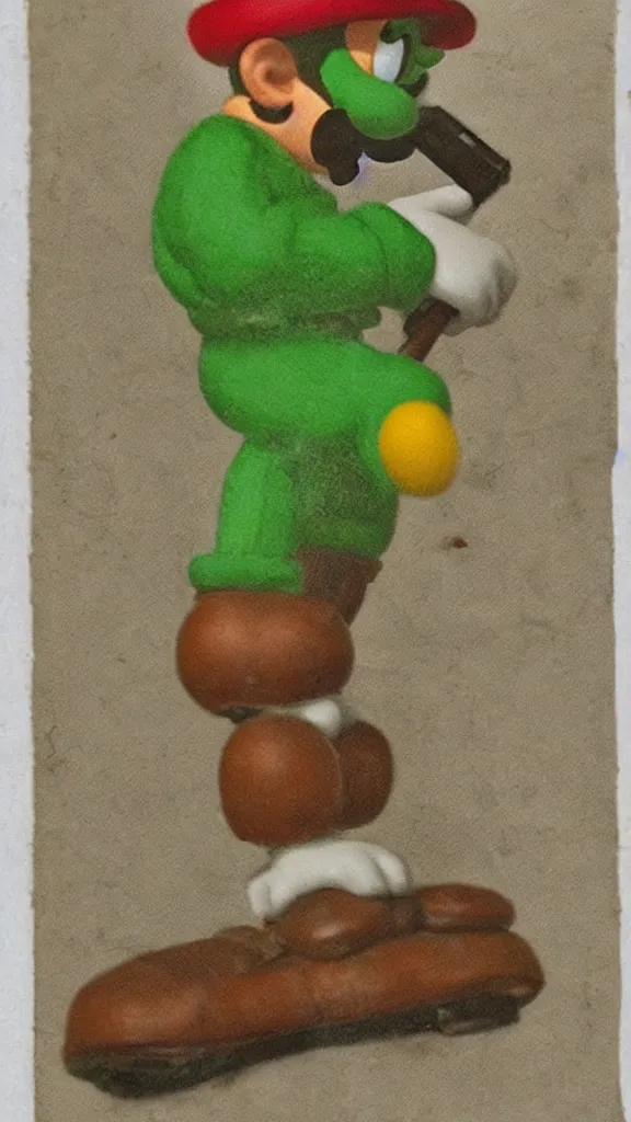 Prompt: Luigi from supermario as a world war I soldier, photograph, colorized, damaged