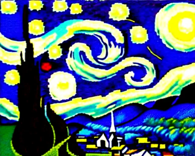 Image similar to Starry Night by van Gogh, re imagined as 8 bit pixel art. Red green and black color scheme