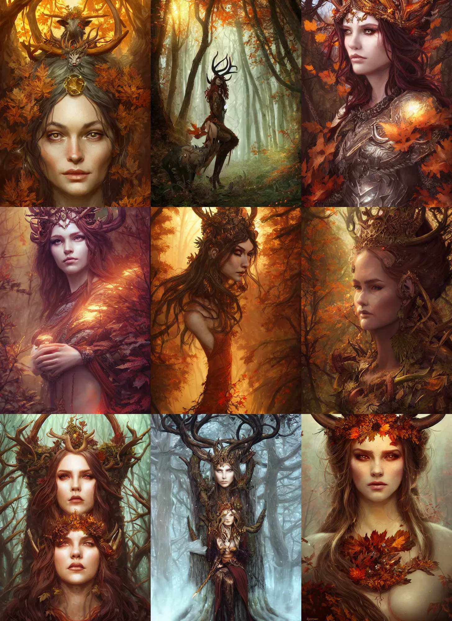 Prompt: autumnal forest empress, cernunnos, d & d, fantasy, portrait, highly detailed, digital painting, trending on artstation, concept art, sharp focus, illustration, art by artgerm and greg rutkowski and magali villeneuve