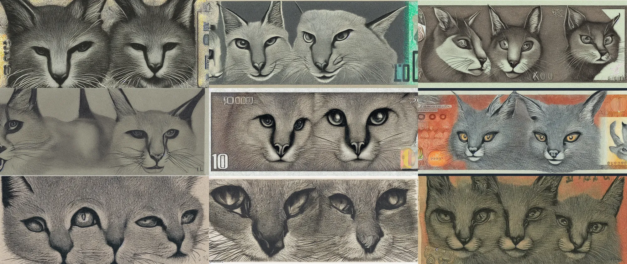 Image similar to cute caracal face at $100 bill, banknote, intaglio style, macro, realistic