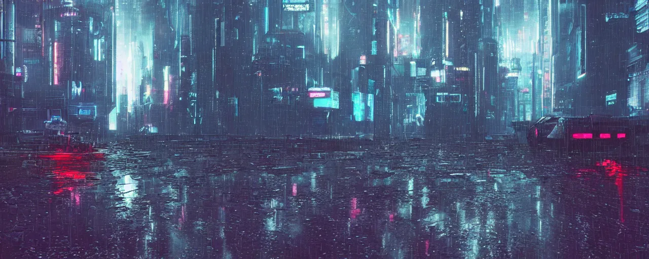 Image similar to cyberpunk landscape, synth, rainy, overcast, puddles