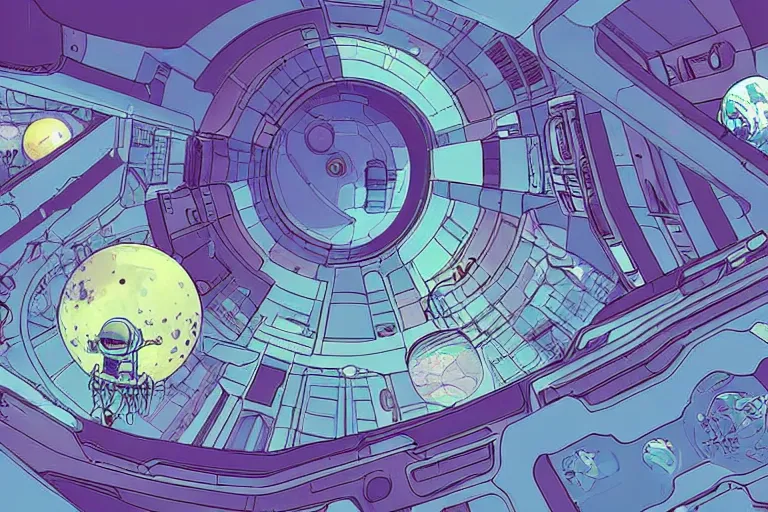 Prompt: a scifi illustration, hyper detailed external view of a space colony. aerial view. establishing shot. epic composition. flat colors, limited palette in FANTASTIC PLANET La planète sauvage animation by René Laloux