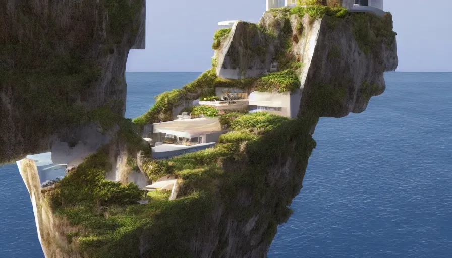 Prompt: modern house perched on a cliff overlooking a magnificient bay, concept art by raphael lacoste