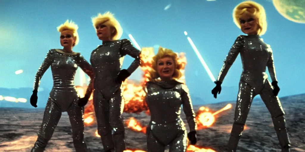 Image similar to a portrait of hillary clinton and donald trump as barbarella wearing a rocknroll glamour spacesuit, beautiful, heroic action pose firing laser guns, soft focus, depth of field, stunning alien landscape, cinematic, film grain, wide shot, in the style of kubrick, ridley scott, jodorowsky, dune, star wars, unreal engine