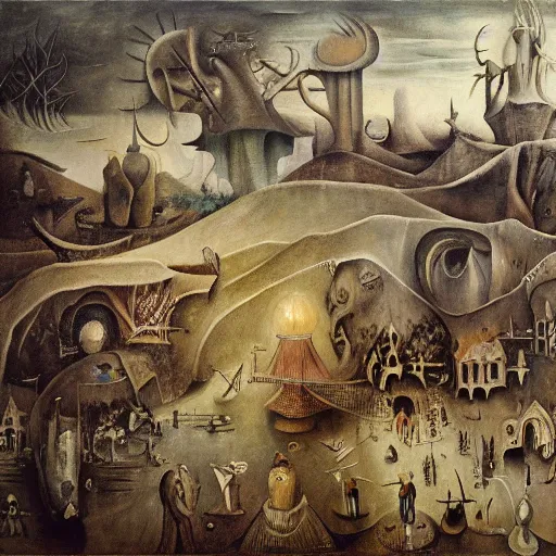Prompt: oil painting in the style of hieronymus bosch, leonora carrington and joos van craesbeeck : : intricate detailed study of a surreal dreamscape : : ultra - detailed technical precision : : matte painting, high definition 3 d render, unreal engine, hi - res textures
