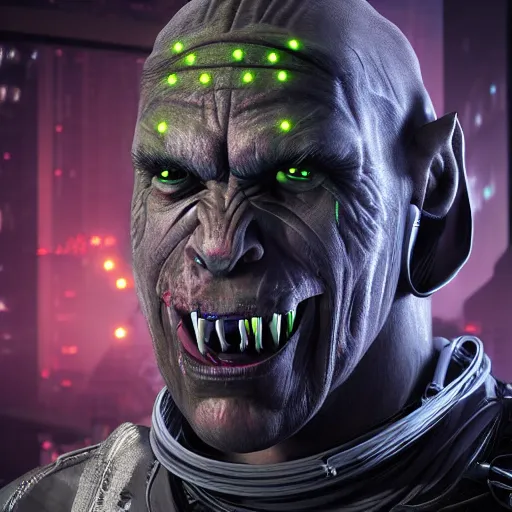 Image similar to hyper realistic cyberpunk orc, 8 k, photography, glowing lines, rule of thirds, ultra detailed.