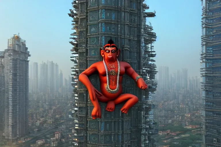 Prompt: high quality 3 d cyberpunk biomorphic hanuman! head building in the middle of mumbai!!, kalighat highly detailed, cinematic smooth, stephen shore & john j. park, soft morning light, wide shot, high angle, uhd 8 k, deep focus