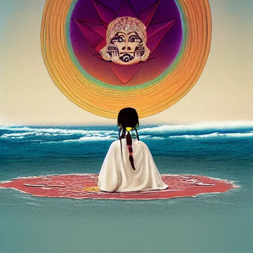 Image similar to mayan priestess floating over an ocean, sharp focus, moebius, print, cinematic, surreal