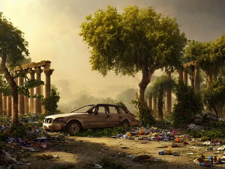 Image similar to a tree growing on a scrap car in ancient greek ruins, gray wasteland, many scrap cars, trash, rubble, overgrown, pillars and arches, colorful flowers, vines, hyperrealistic, highly detailed, cinematic, ray of golden sunlight, beautiful, cgsociety, artstation, 8 k, oil painting by greg rutkowski, by artgerm, by wlop