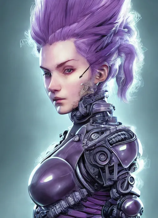 Image similar to close up portrait of a pale woman in sci - fi power armor with purple ponytail hair, powerful, domineering, stoic, intense, ultrafine hyperdetailed illustration by kim jung gi, irakli nadar, intricate linework, sharp focus, octopath traveler, yoji shinkawa, highly rendered, radiant light, detailed, intricate environment