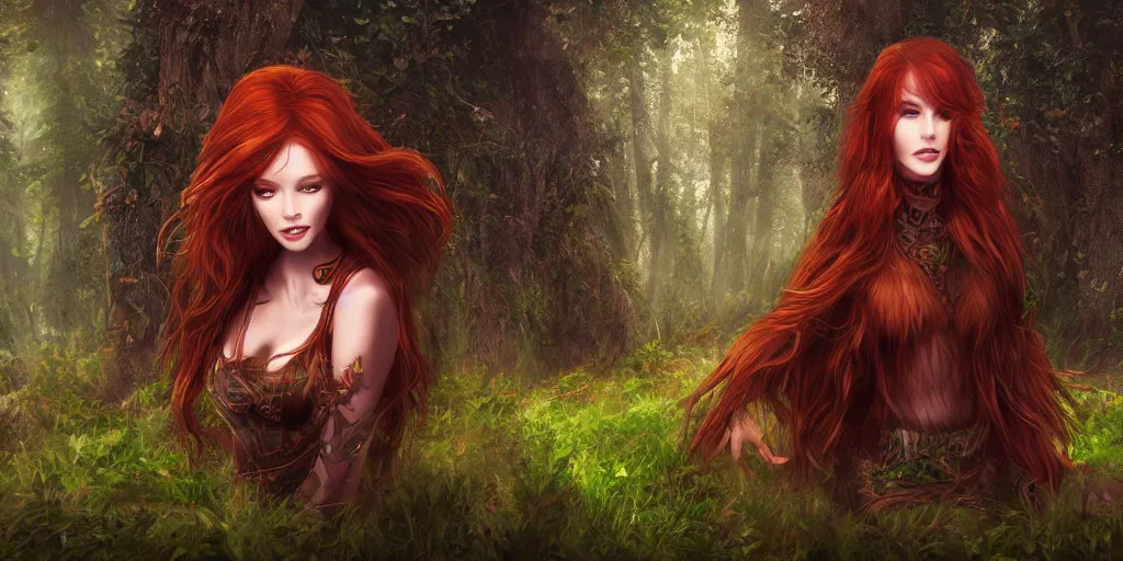 Prompt: beautiful redhead druid, forest in the background, digital art, highly detailed, 4K