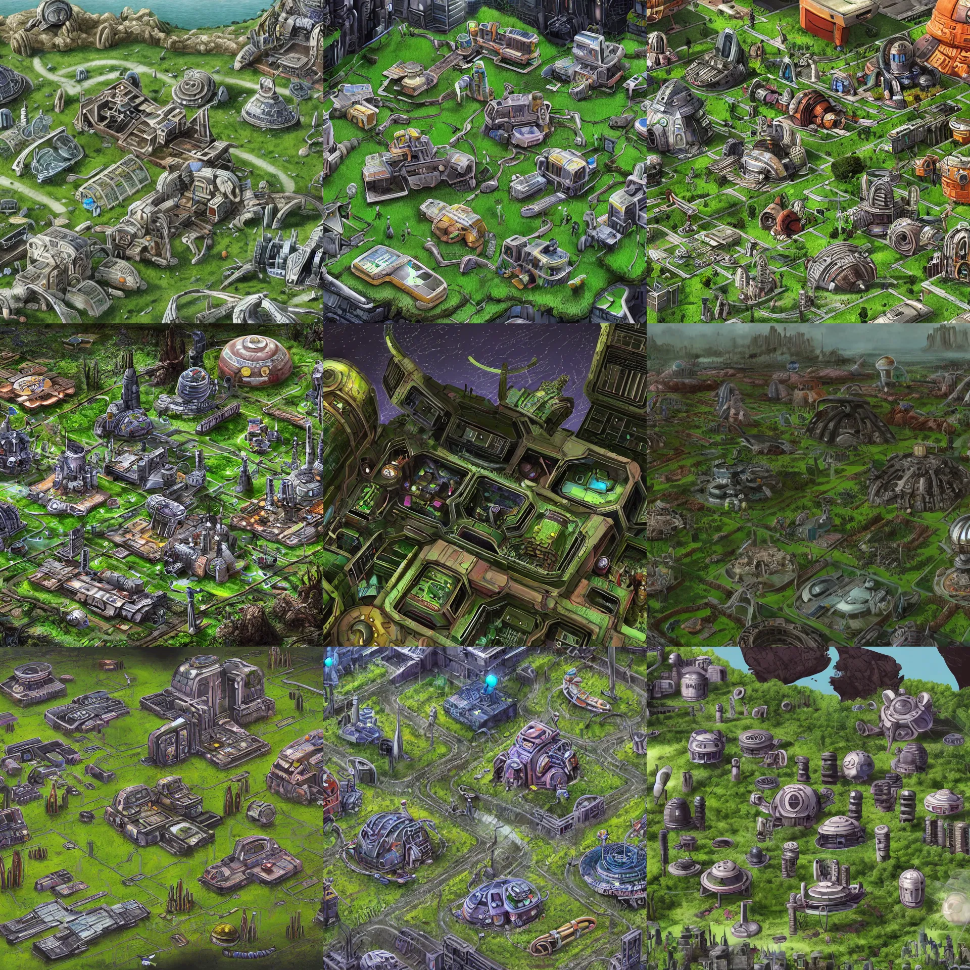 Prompt: offset overhead view of a small colony, with buildings made from modular capsules, on an alien grassland, on an alien planet, from a space themed point and click 2 d graphic adventure game, set design inspired by hg giger and ridley scott and tomb raider, art inspired by thomas kinkade