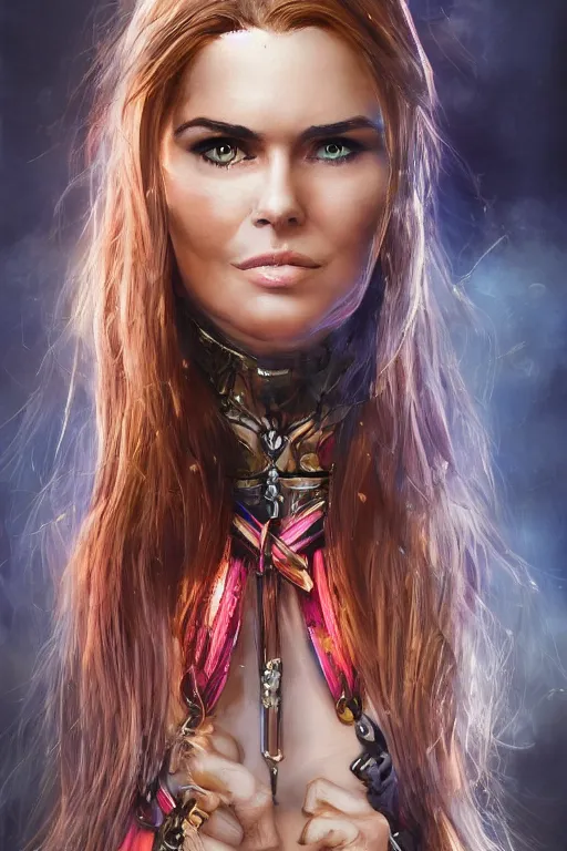 Image similar to mix of beautiful young maria shriver, mariel hemmingway, brooke shields, nicole kidman and elle macpherson as a young amazon warrior, thin lips, hair tied up in a pony tail, dark blonde hair, colorful, artstation, cgsociety