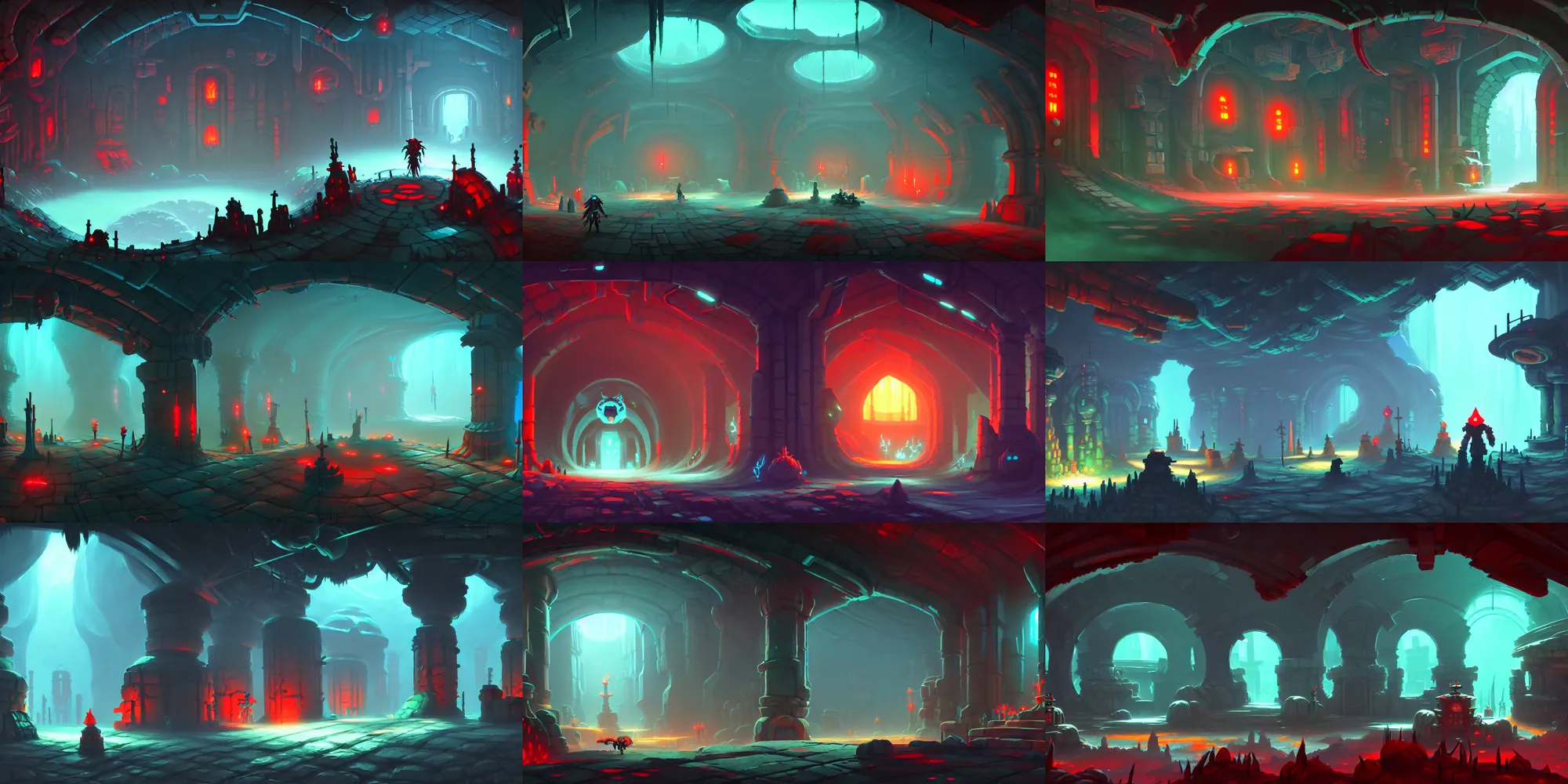 Prompt: game asset ori parallax underground scifi dungeon interior environment, studio ghibli, catacombs, matte painting, in gouache detailed paintings, props, stylized, 2 d sprites, kitbash, arcane, overwatch, blue and red, green color scheme, 8 k, close up