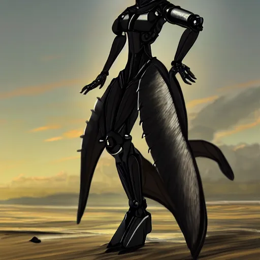 Prompt: full body pose, realistic detailed stunning anthropomorphic robot female dragoness, doing an elegant pose with hand on hips, looking to the side, sleek streamlined armor and design, sharp claws, standing on two legs, wearing a cloak that blows in the wind from behind, on the beach during sunset, high quality, cinematic art, artstation, deviantart, furaffinity