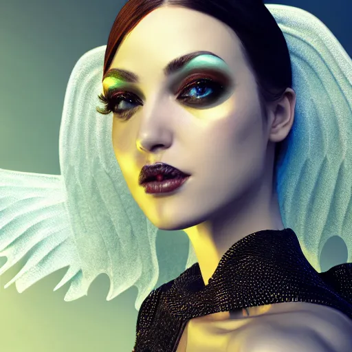 Image similar to fantasy angel with wings inspired avant - garde art, deco fashion, highly detailed, photorealistic portrait, bright studio setting, studio lighting, crisp quality and light reflections, unreal engine 5 quality render