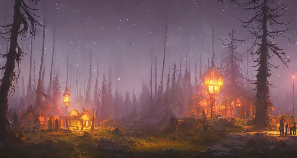 Image similar to A landscape with a large fantasy tavern with multiple stories in the middle of a forgotten magical forest, magical particles, warm lighting, inviting, enchanting, rendered by simon stålenhag, rendered by Beeple, Makoto Shinkai, syd meade, environment concept, digital art, unreal engine, 3 point perspective, WLOP, trending on artstation, low level, 4K UHD image, octane render,