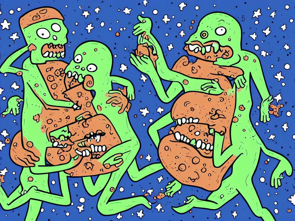 Image similar to happy zombies eating each other, floating in space, cartoon illustration, detailed