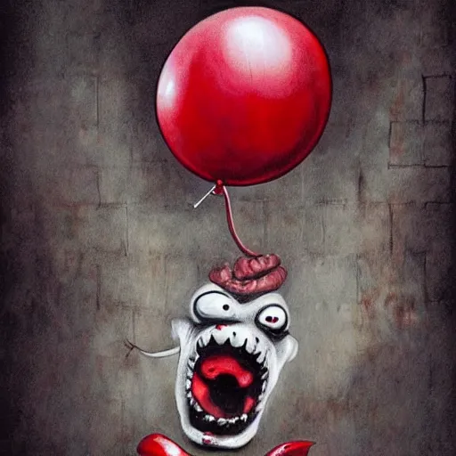 Image similar to grunge cartoon painting of a snake with a wide smile and a red balloon by chris leib, loony toons style, pennywise style, corpse bride style, horror theme, detailed, elegant, intricate