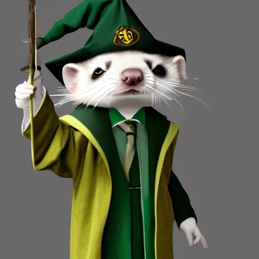 Image similar to a anthropomorphic ferret is dressed as a hogwarts student in slytherin robes, hyperdetailed, artstation, cgsociety, 8 k