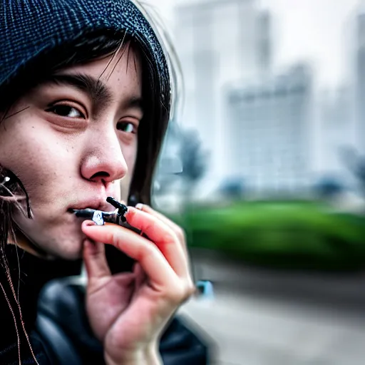 Image similar to candid photographic portrait of a poor techwear mixed young woman smoking inside a dystopian city, closeup, beautiful garden terraces in the background, sigma 85mm f/1.4, 4k, depth of field, high resolution, 4k, 8k, hd, full color