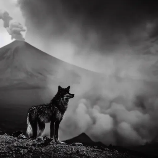 Prompt: a wolf, she eating meat, in volcano, standing close to volcano, fire raining, professional photography, black and white, cinematic, eerie