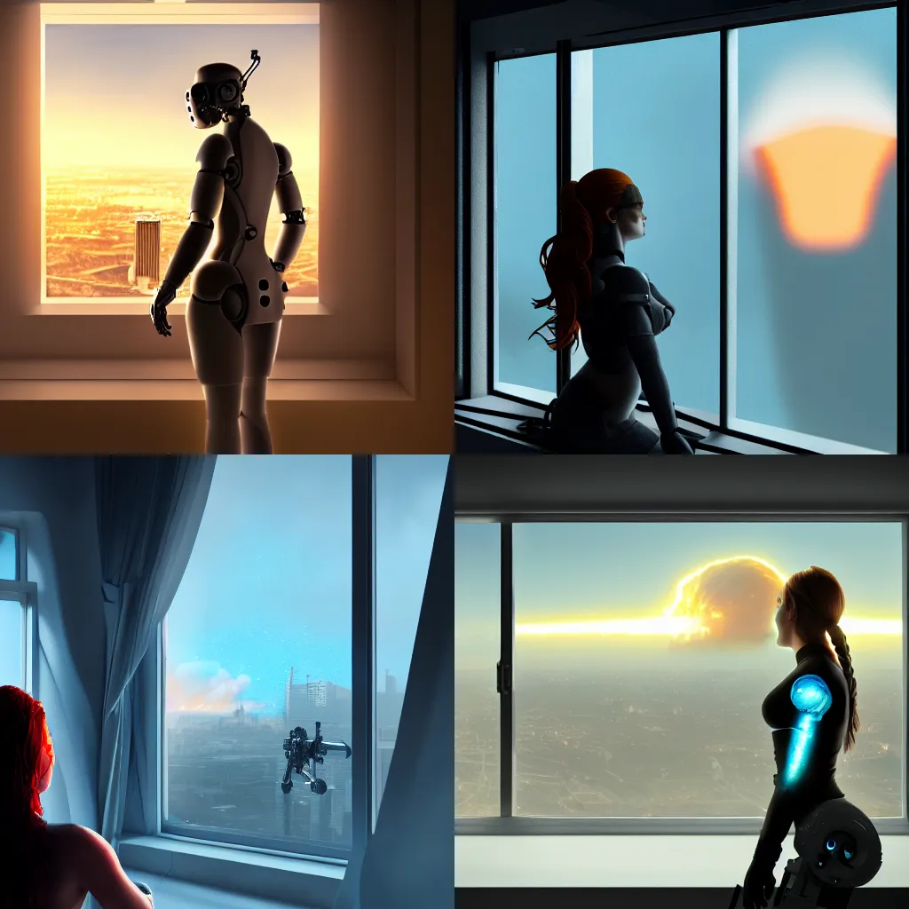 Prompt: dismantled woman cyborg looking out window watching a magic toxic nuclear explosion in the distance a highly detailed matte painting, volumetric lighting, 4 k, trending on artstation, masterpiece