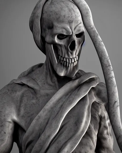 Image similar to a hyper realistic marble statue of the grim reaper, 4 k, cinematic lighting