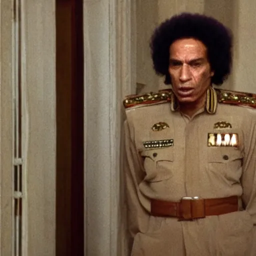 Prompt: A still of Muammar Gaddafi in The Shining