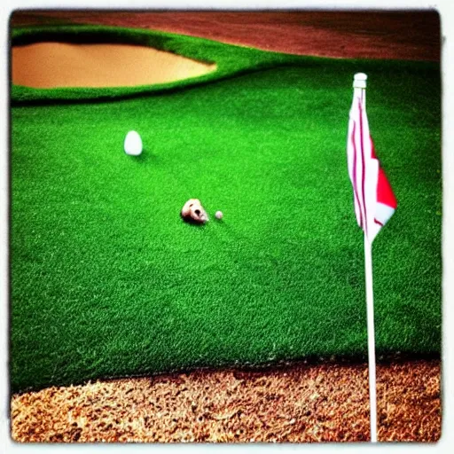 Prompt: “ hamster coming out of a golf hole, golf flag next to the hole, golf lawn ”