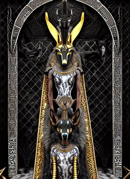 Image similar to sinister god anubis, growling jackal with egyptian headdress and nemes, ornate art nouveau marble throne room, black and silver palette, symmetrical background, fantasy, intricate, elegant, highly detailed, colorful, dark colors, dramatic shadow, digital painting, artstation, concept art, art by artgerm and greg rutkowski and ruan jia,