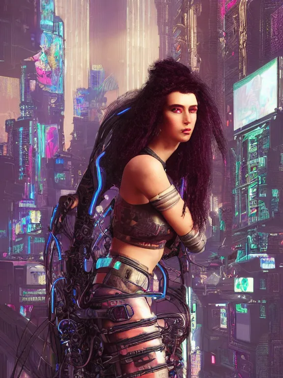 Image similar to a cyberpunk 2077 illustration portrait of A veiled female android queen kneel and pray with lots of complex mess of cables and wires behind them connected to giant computer,bowknot, fine lace, GUCCI, glittering, jewel embellishment, film lighting, by Artgerm,Lawrence Alma-Tadema,William Morris,Dan Mumford, trending on atrstation, full of color, mythological, high detailed,golden ratio,cinematic lighting