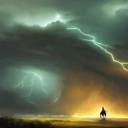 Prompt: a detailed picture of beautiful woman with black hair, wearing a green cloak, running away in a thunderstorm riding a horse at night, bolts of lightning, ominous, 4k, Greg Rutkowski