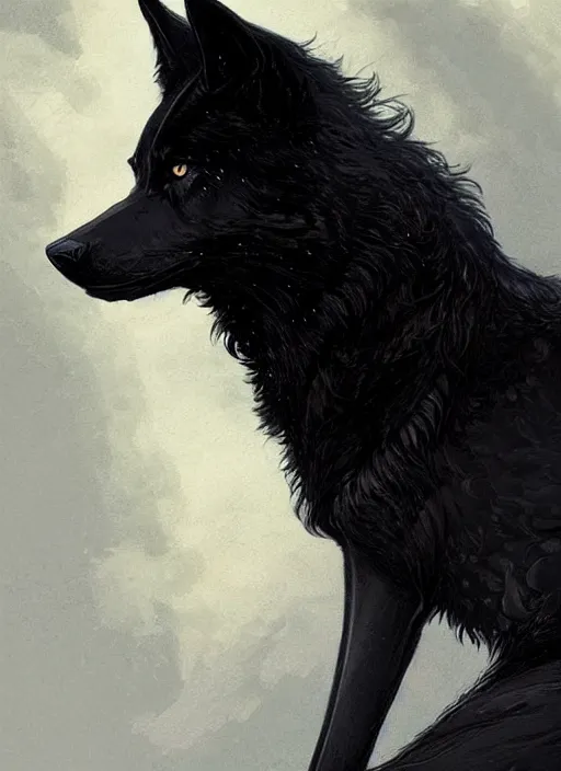 Image similar to a black wolf sitting looking forward, art nouveau, D&D, fantasy, elegant, highly detailed, digital painting, artstation, concept art, matte, sharp focus, illustration, art by Artgerm and Greg Rutkowski and WLOP