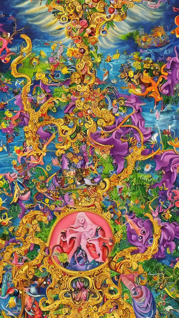 Image similar to an incredibly detailed masterpiece collaborative painting by bosch and lisa frank, ornate, detailed, high resolution, wow!, intricate