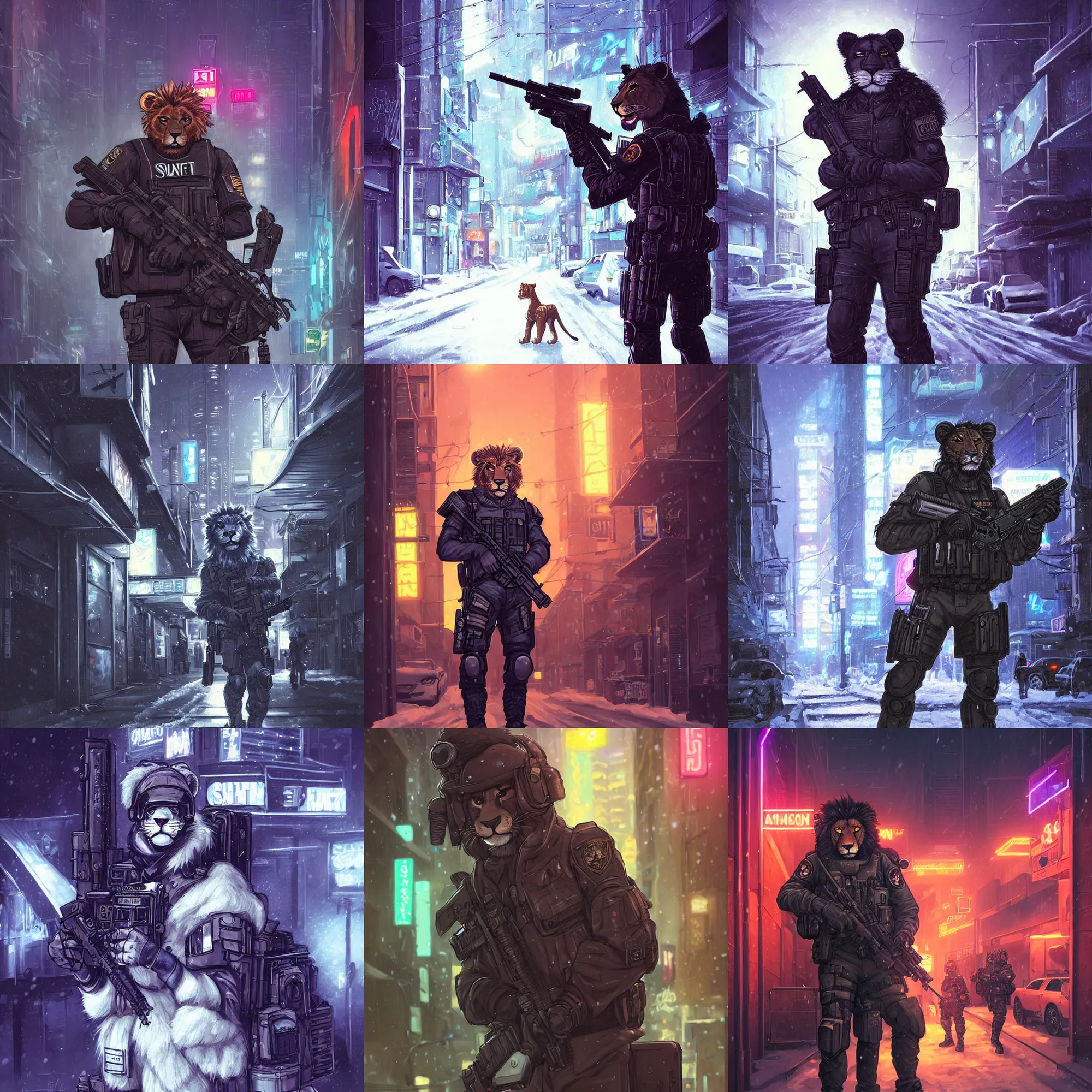 Prompt: beautiful furry art portrait commission of a male furry anthro lion fursona swat team wearing a tactical swat uniform in the streets of a cyberpunk city at night in the snow. neon signs. character design by charlie bowater, ross tran, artgerm, and makoto shinkai, detailed, inked, western comic book art