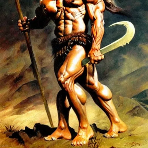 Image similar to muscular lion as barbarian hunter full body ,human legs ,very textured detailed oil painting by Frank Frazetta