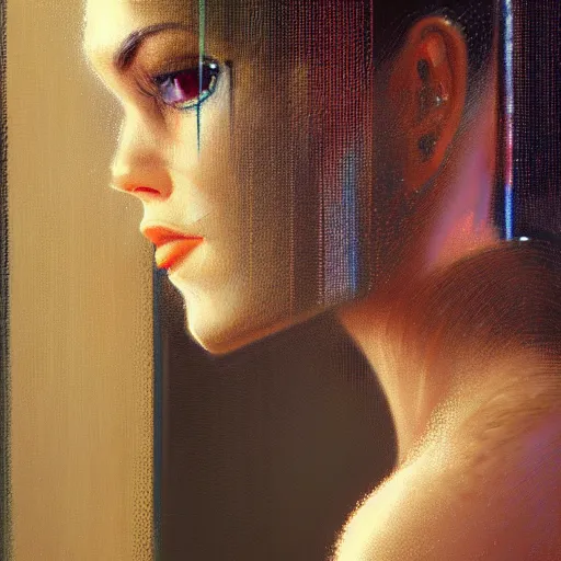 Image similar to detailed face of a woman, moment, cyberpunk cloisters, electronic billboards, tech noir, wet reflections, prism, atmospheric, ambient, pj crook, syd mead, livia prima, greg rutkowski, edward hopper