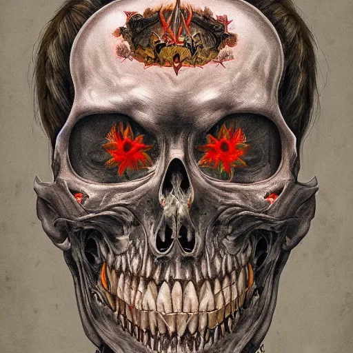 Prompt: A very detailed horrifying portrait painting of the prince of death, floral patterned skin, occult, 8k, trending on artstation cgsociety, masterpiece, in the style of DiscoDiffusion.