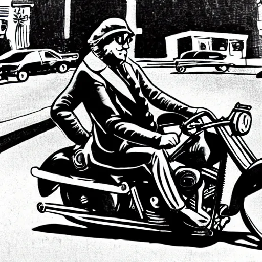 Prompt: benjamin franklin as a biker on a harley davidson