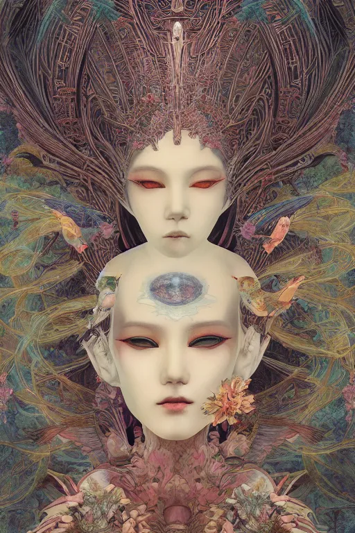 Prompt: portrait breathtaking detailed concept art painting art deco pattern of birds goddesses amalmation flowers head thibetan temple, by hsiao ron cheng, tetsuya ichida, bizarre compositions, yoji shinkawa, exquisite detail, extremely moody lighting, 8 k, art nouveau, old chines painting, art nouveau