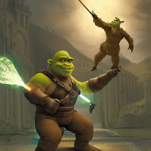 Prompt: shrek fighting against muscular senator armstrong on a helipad, metal gear, radiating a glowing aura global illumination ray tracing hdr fanart arstation, intricate, highly detailed, digital painting, artstation, concept art, character art, smooth, sharp focus, illustration, art by artgerm and greg rutkowski and alphonse mucha