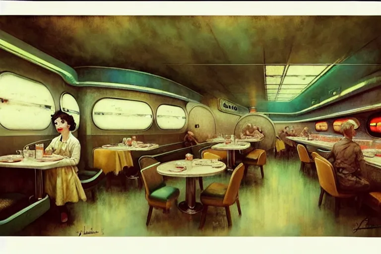 Image similar to ( ( ( ( ( 1 9 5 0 s retro science fiction diner interior. muted colors. ) ) ) ) ) by jean - baptiste monge!!!!!!!!!!!!!!!!!!!!!!!!!!!!!!