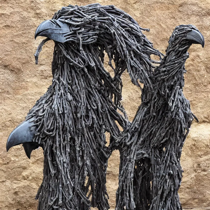 Image similar to imposing scary intricate raven stone sculpture made of oily cords