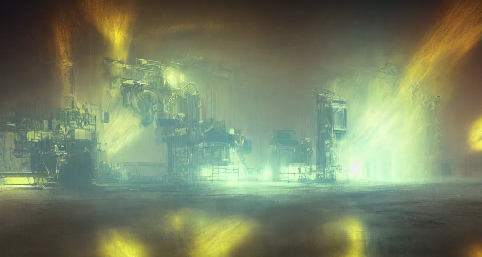 Image similar to Mech robot industrial complex. By Joseph Mallord William Turner, fractal flame, highly detailded