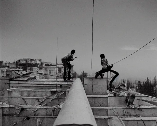 Image similar to lomo photo of roofjumpers climbing on roof of soviet hrushevka, small town, cinestill, bokeh, out of focus